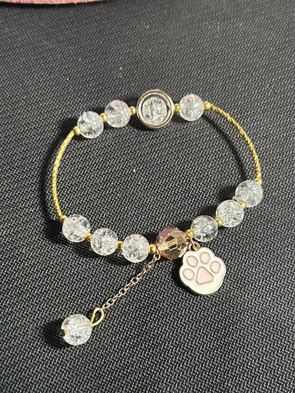 Crackle Quartz Crystal Pink Enamel Paw Print Charm Bracelet Gold Tone
